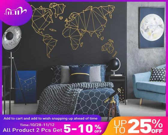 Large Size Geometric World Map Wall Sticker Vinyl Mural Removable Bedroom Decor Stickers Home Living Room Decoration Accessories