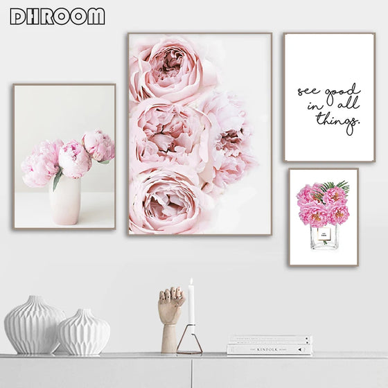 Canvas Painting Nordic Decor Pink Peony Flower Poster and Print Love Wall Art Floral Picture Bedroom Decor Home Decoration