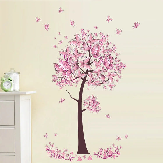 Pink butterfly flower Tree Wall Stickers Decals Girls Women Flower Mural Vinyl Wallpaper Home Living Room Bedroom Decor