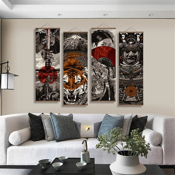 Japanese Samurai Ukiyoe Scroll Canvas Poster Painting Wall Abstract Art Pictures Living Room Bedroom Decor Scroll Painting