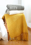 Inyahome Textured Throw Blanket Solid Soft for Sofa Couch Decorative Knitted Blanket Mustard Yellow Luxury Home Decor Plaids