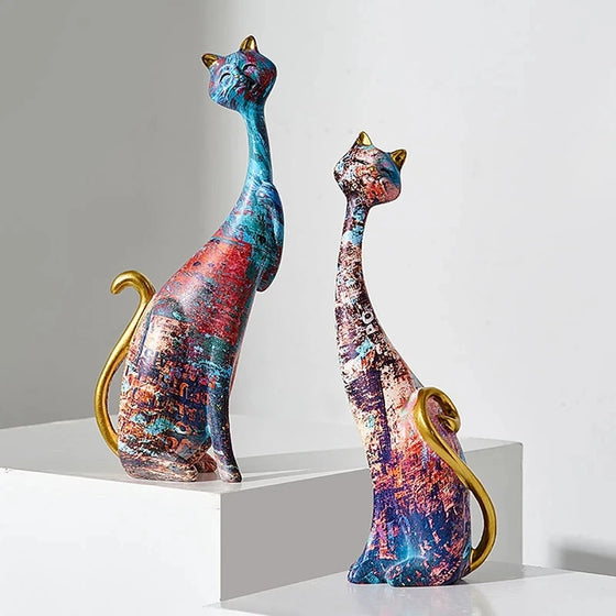 Resin Painted Graffiti Lovers Cat Figurines Couple Animal Ornamentsr Study Bedroom Decor