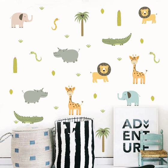 Watercolor Cute Cartoon safari Animals Hippo Elephant Nursery Wall Stickers for Kids Room Bedroom Decor Wall Decals Wallpaper